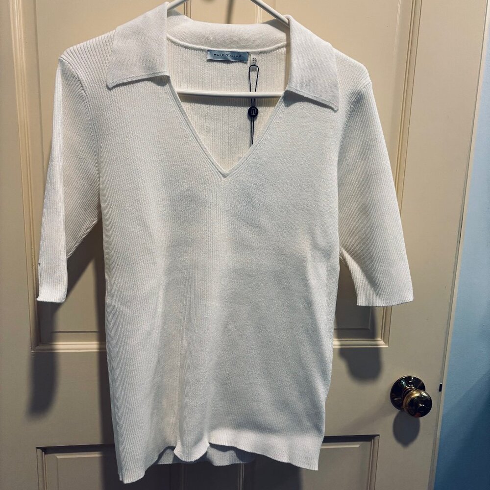 Elie Tahari Cloud White Short Sleeve V- Neck Sweater NWT - Size XL